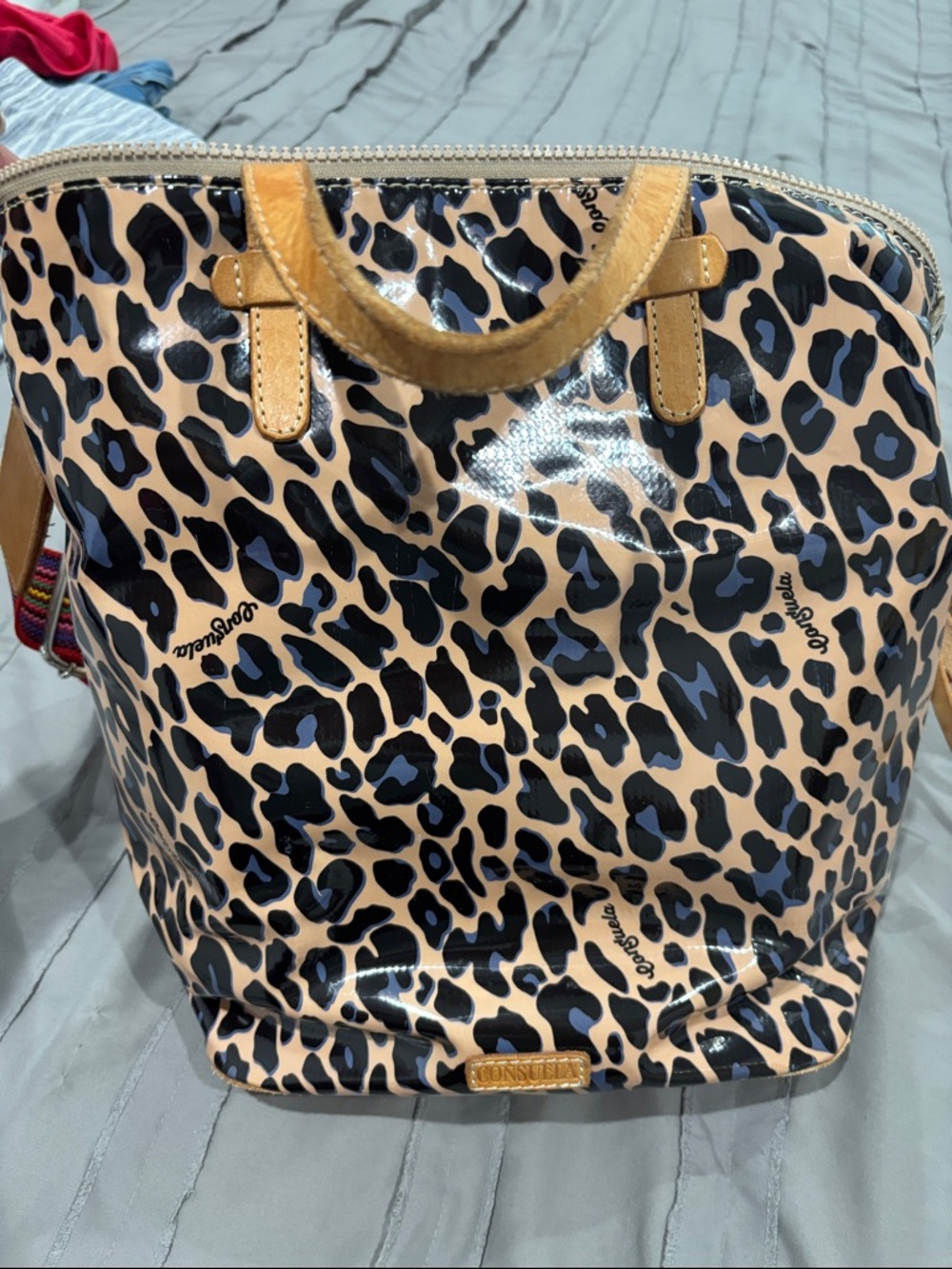 Consuela Beige Leopard Print Tote with Black Accents